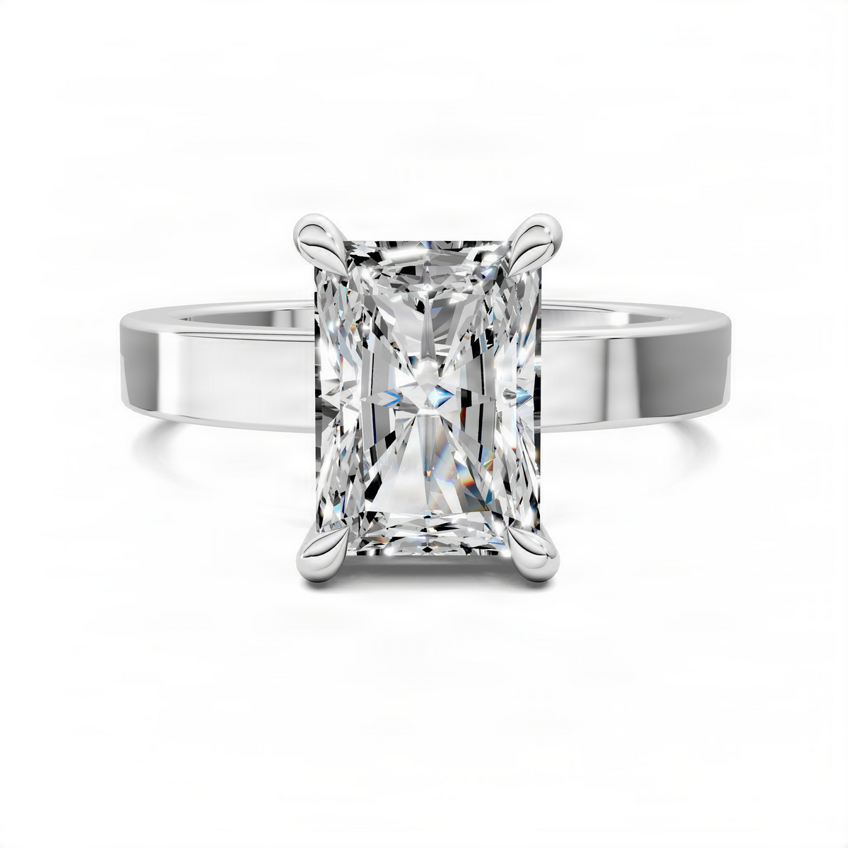 14K white gold solitaire ring with square-cut clear gemstone in four-prong setting