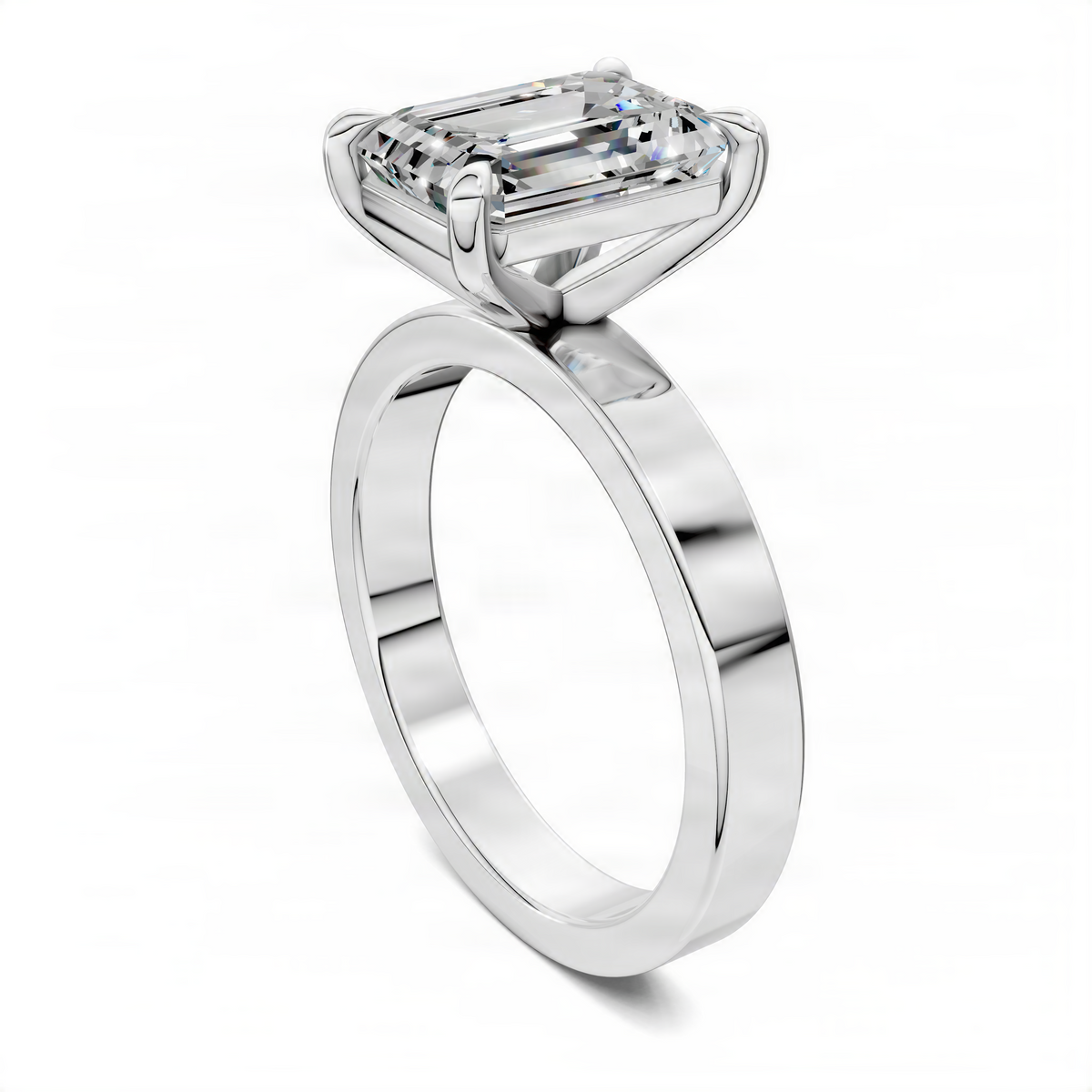 White gold solitaire engagement ring with raised rectangular stone and open-banded shank