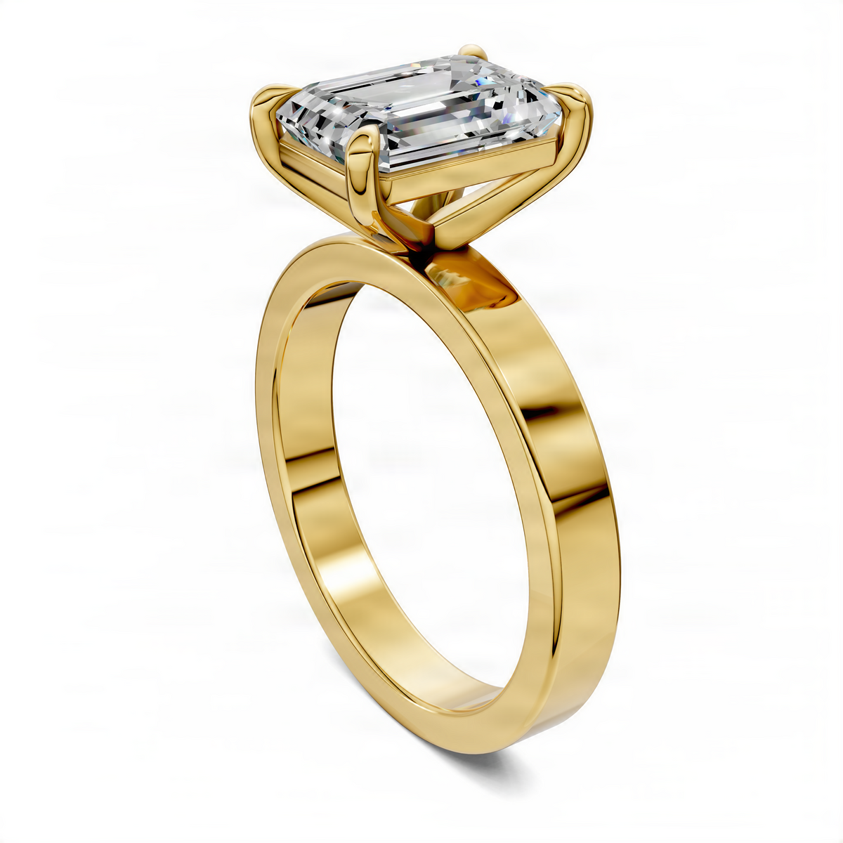 Yellow gold solitaire engagement ring with rectangular center stone and raised prongs