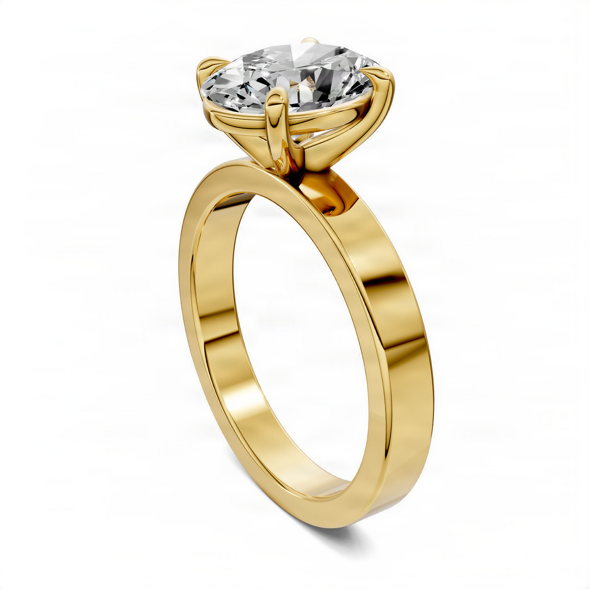Yellow gold solitaire ring with round diamond-look center stone, high bezel setting.