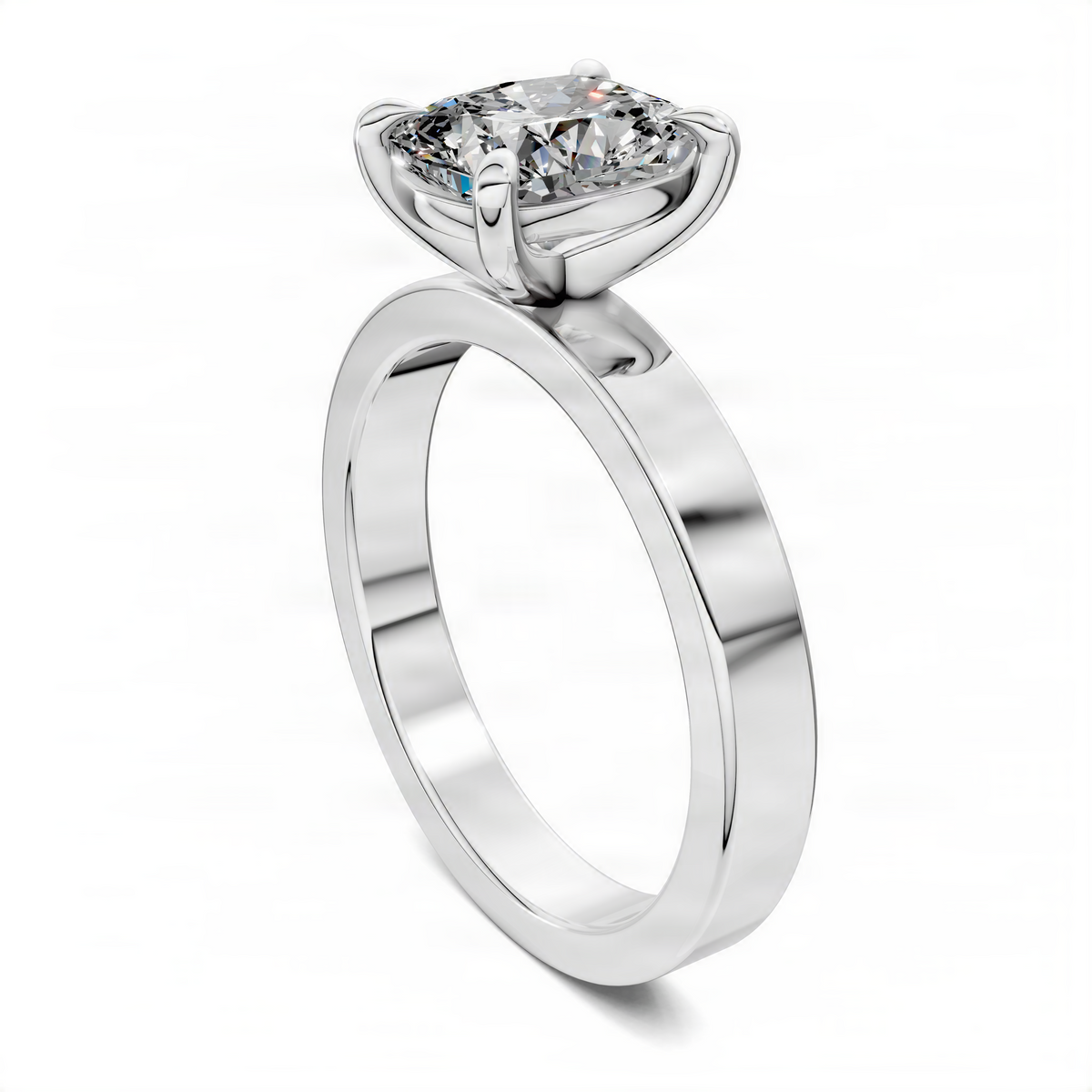 White gold solitaire ring, oval cushion-cut diamond with claw prongs