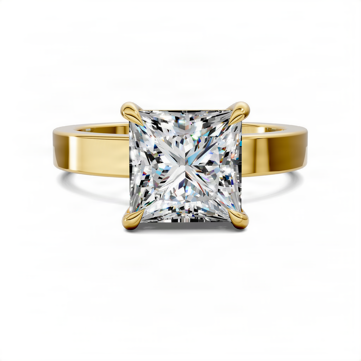 Yellow gold solitaire ring with square diamond centerpiece in four-prong setting