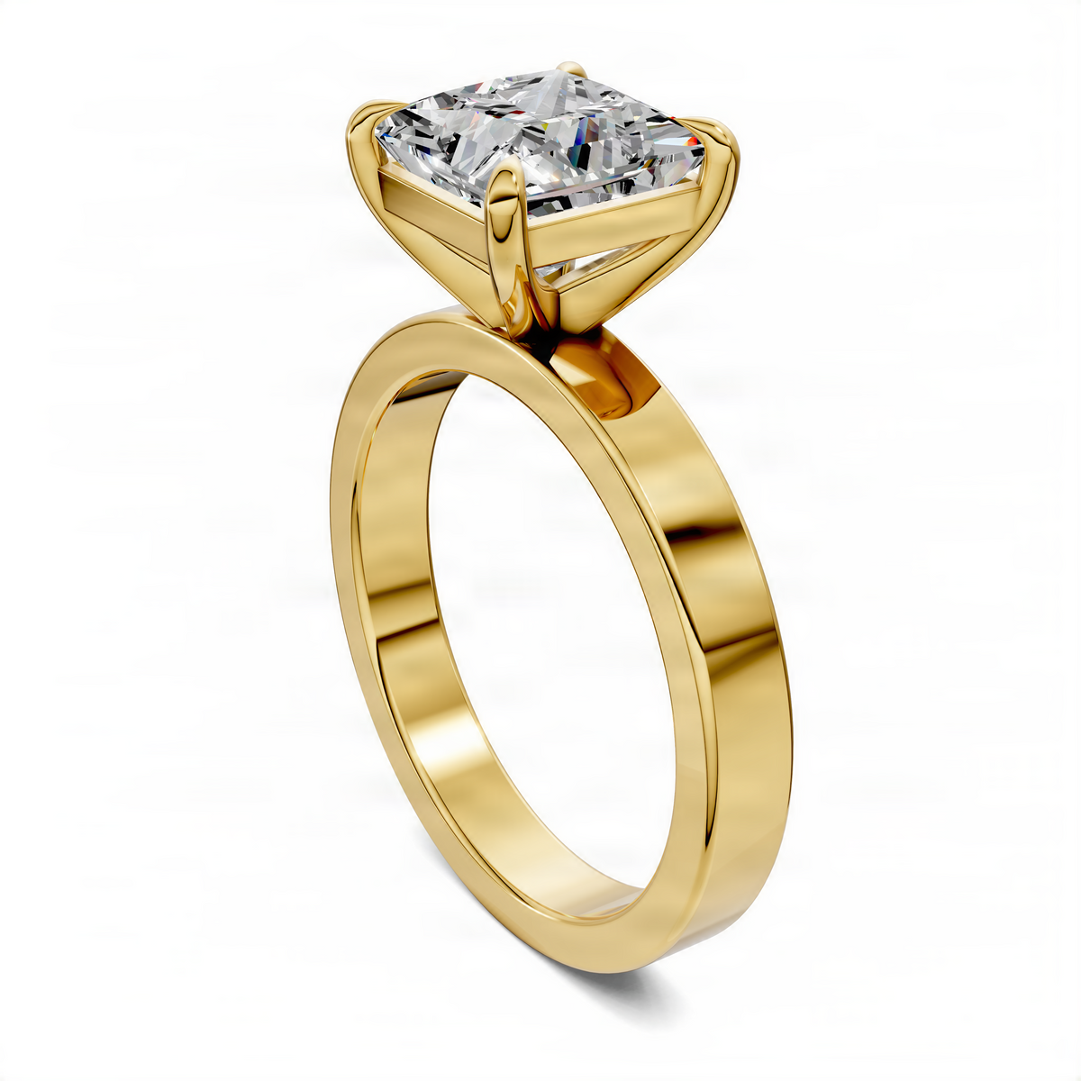 Yellow gold solitaire ring with square diamond centerpiece and raised basket