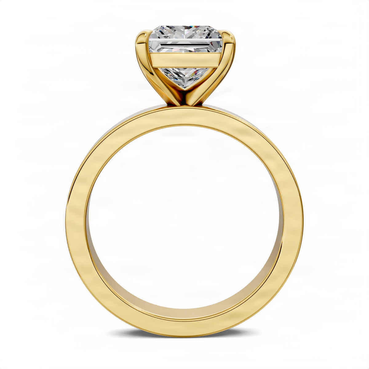 Yellow gold solitaire ring with rectangular diamond bar centerpiece in prongs
