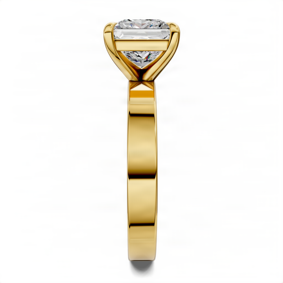 Yellow gold solitaire ring with rectangular diamond bar centerpiece, side view