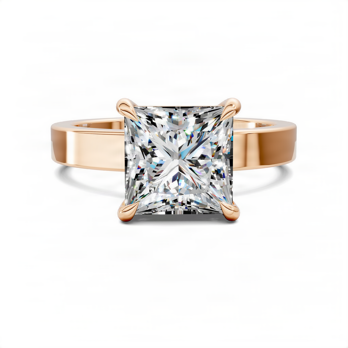 Rose gold solitaire ring with square cushion-cut center stone and four prongs