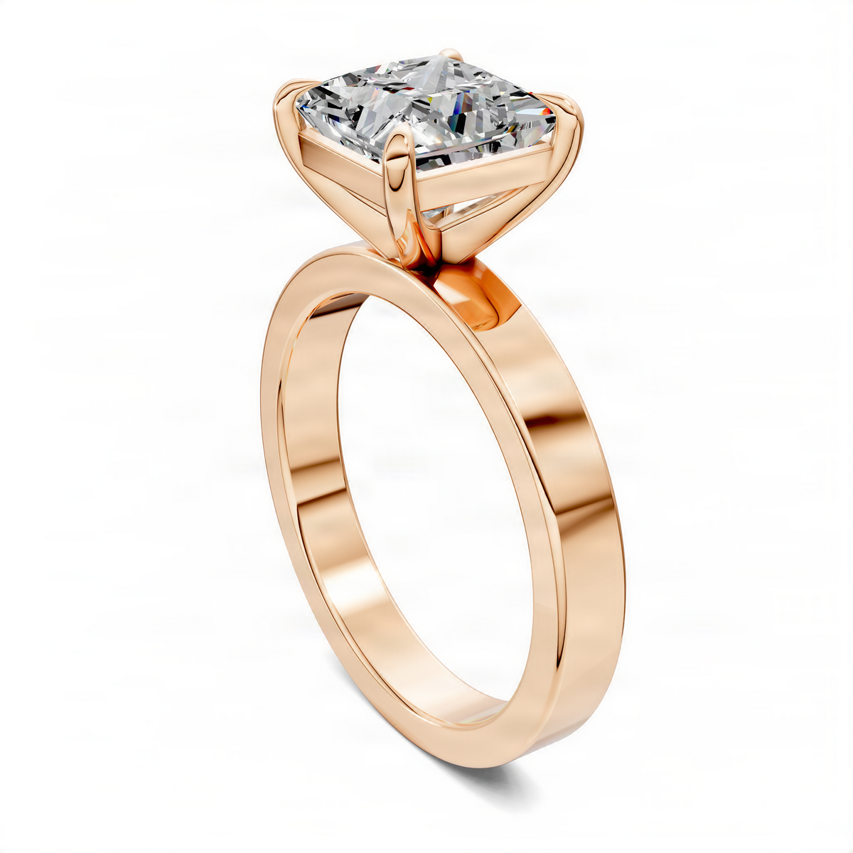 Rose gold solitaire ring with square diamond centerpiece in prong setting