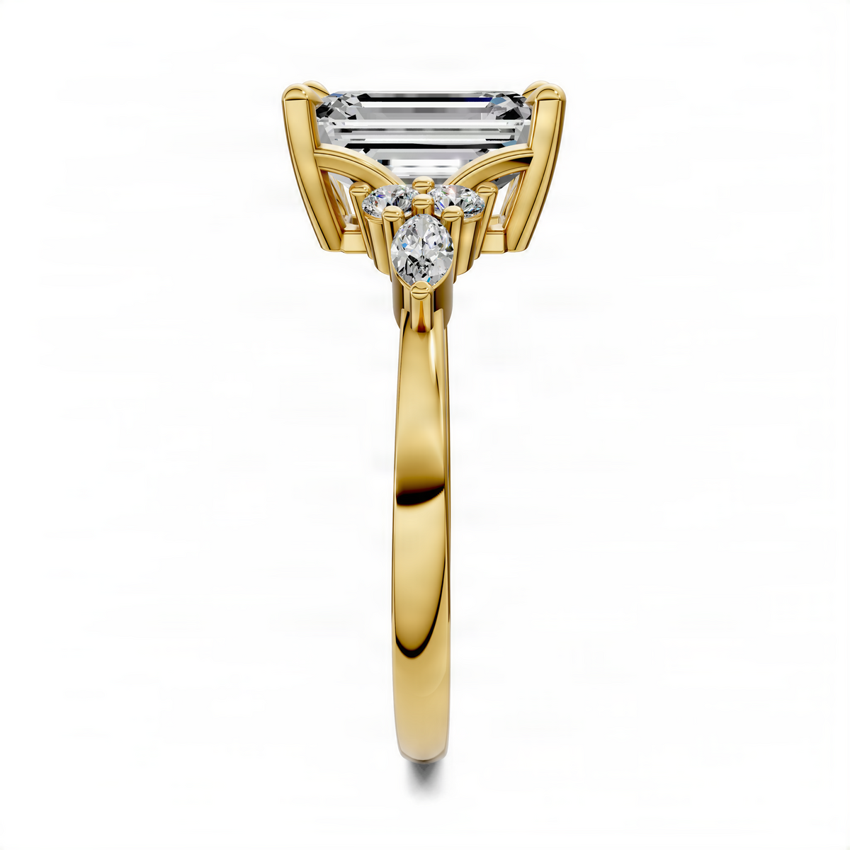 Yellow gold engagement ring with emerald-cut center stone and diamond accents