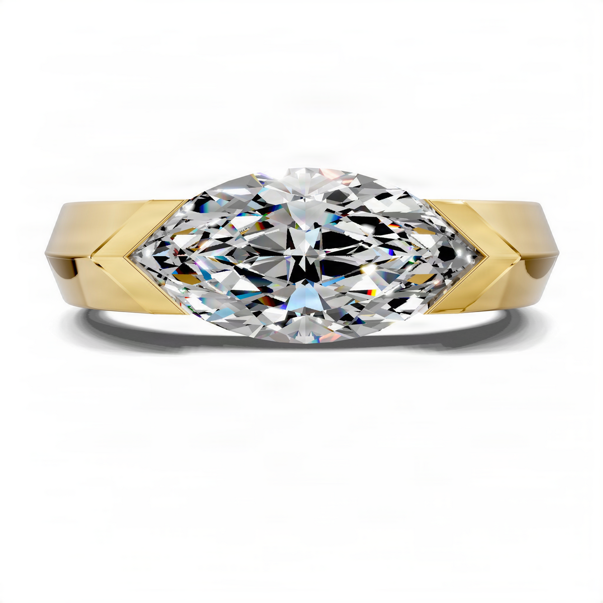 Statement ring in yellow gold with large faceted center stone and geometric sides