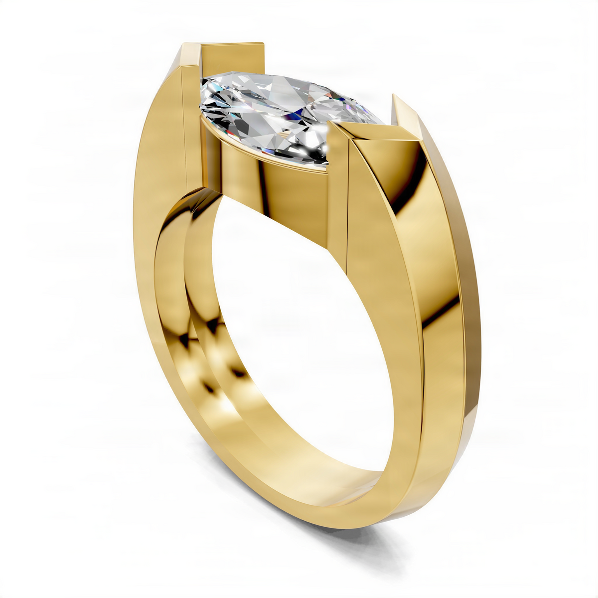 Yellow gold statement ring with open band and faceted bezel-set gemstone