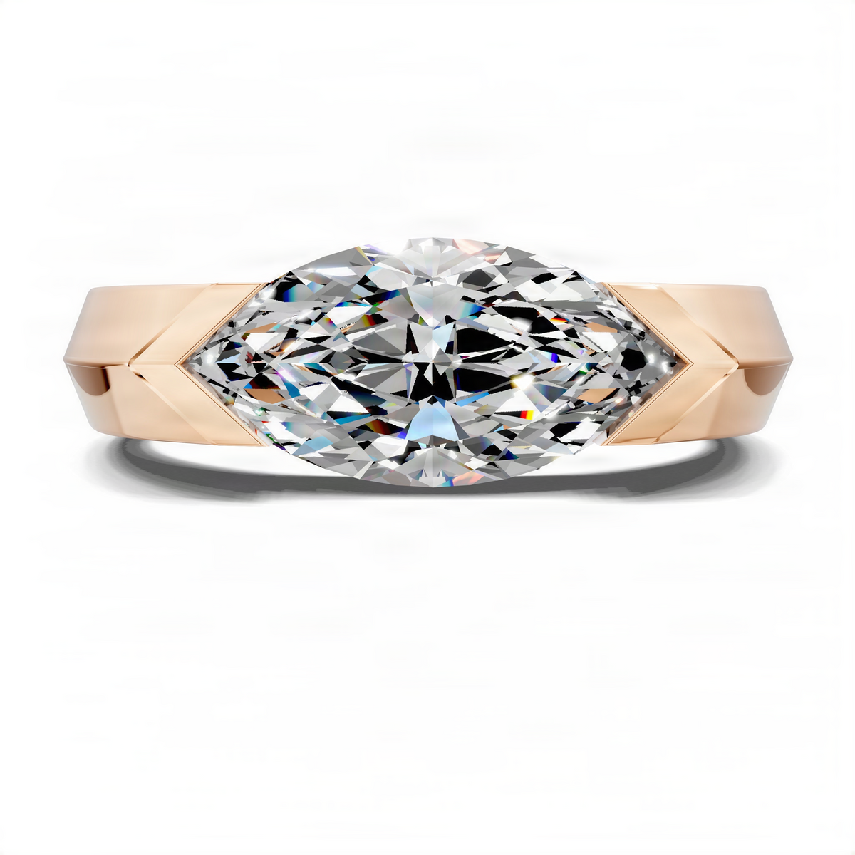 Rose gold statement ring with faceted center gemstone in open bezel and band