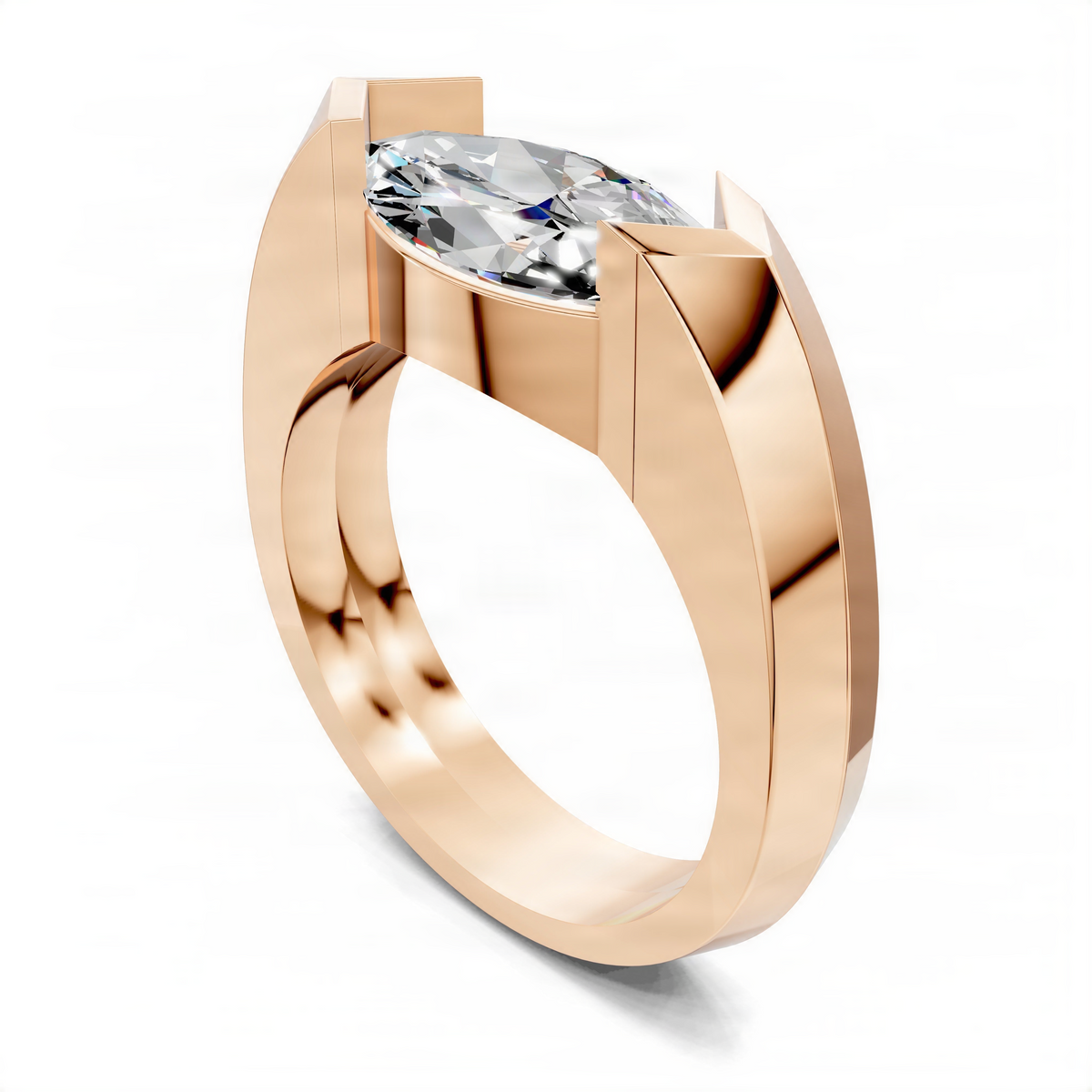 Rose gold statement ring with open band and faceted bezel-set gemstone