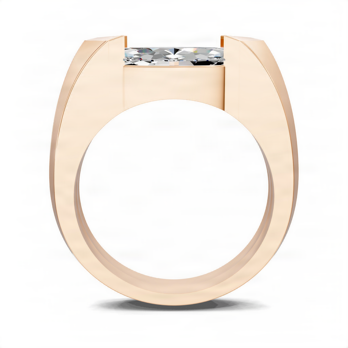 Rose gold open-band statement ring with faceted gemstone, top view