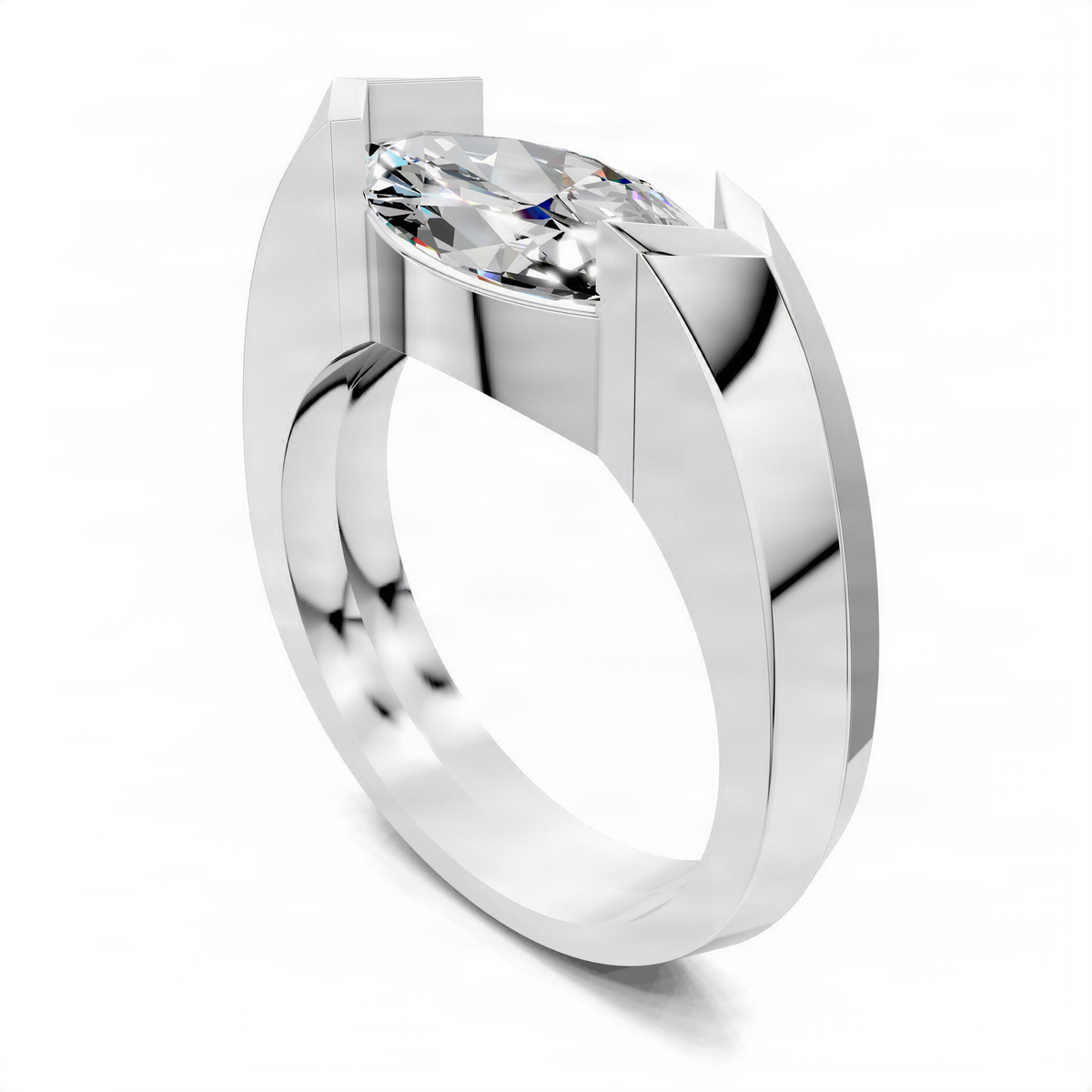 White gold statement ring with faceted bezel-set gemstone and sculpted open band