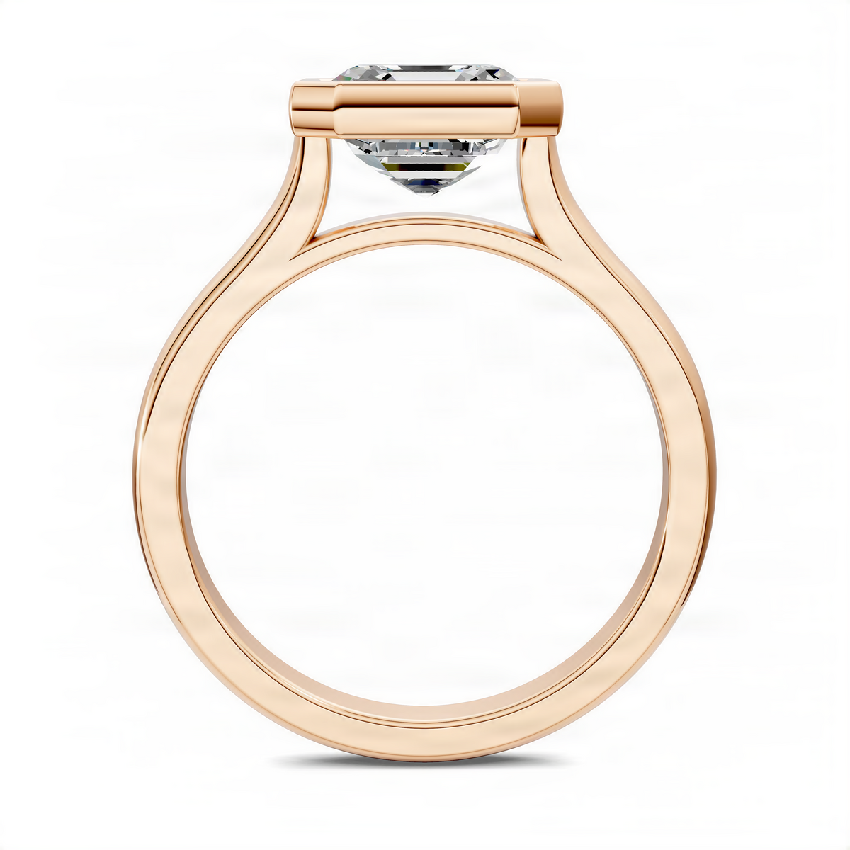 Rose gold bezel solitaire ring with arched cathedral setting and square center stone