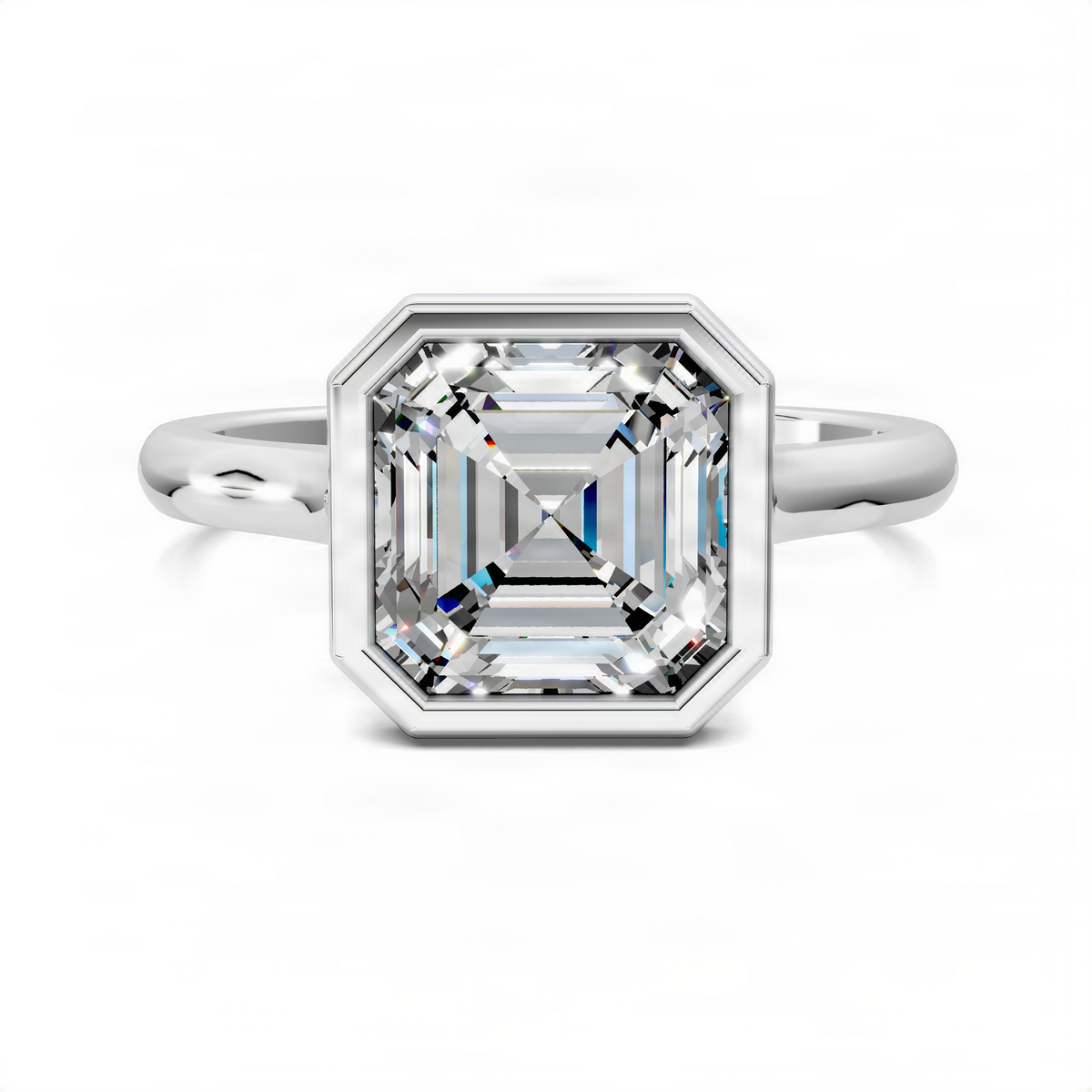 White gold asscher bezel cathedral solitaire ring with faceted square center stone