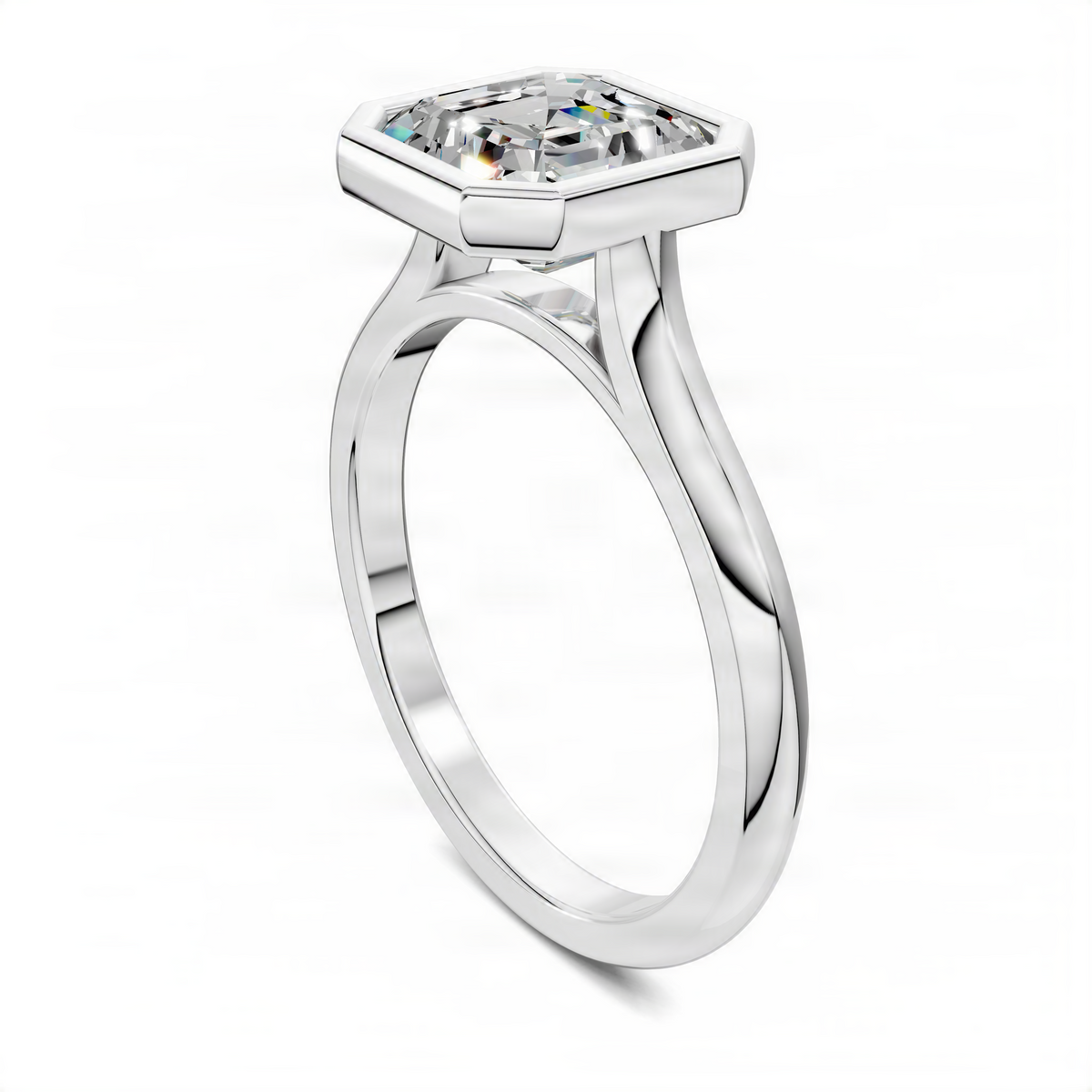 Platinum asscher bezel solitaire ring with faceted square center stone, angled view