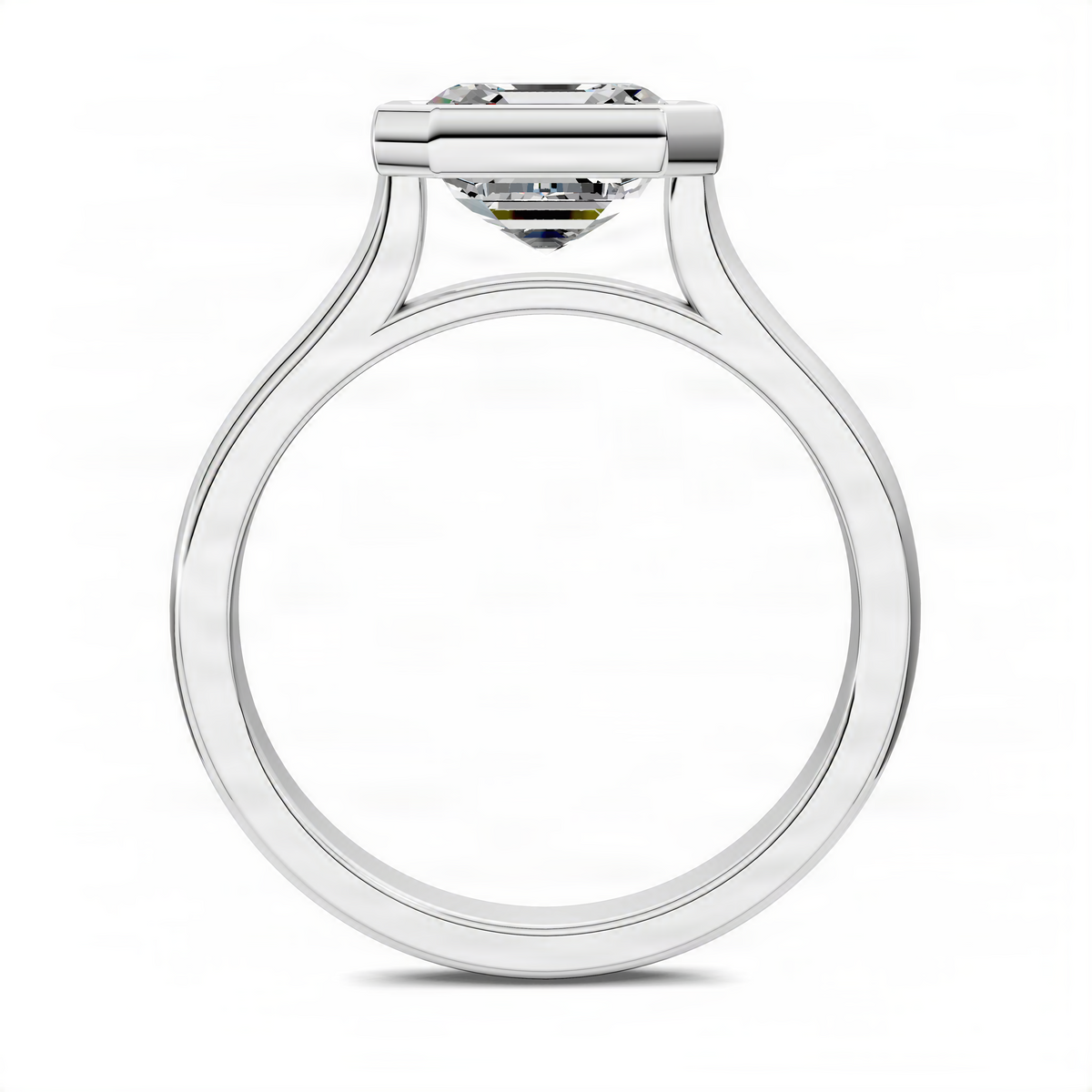Platinum cathedral solitaire ring with asscher-cut bezel center stone, side view