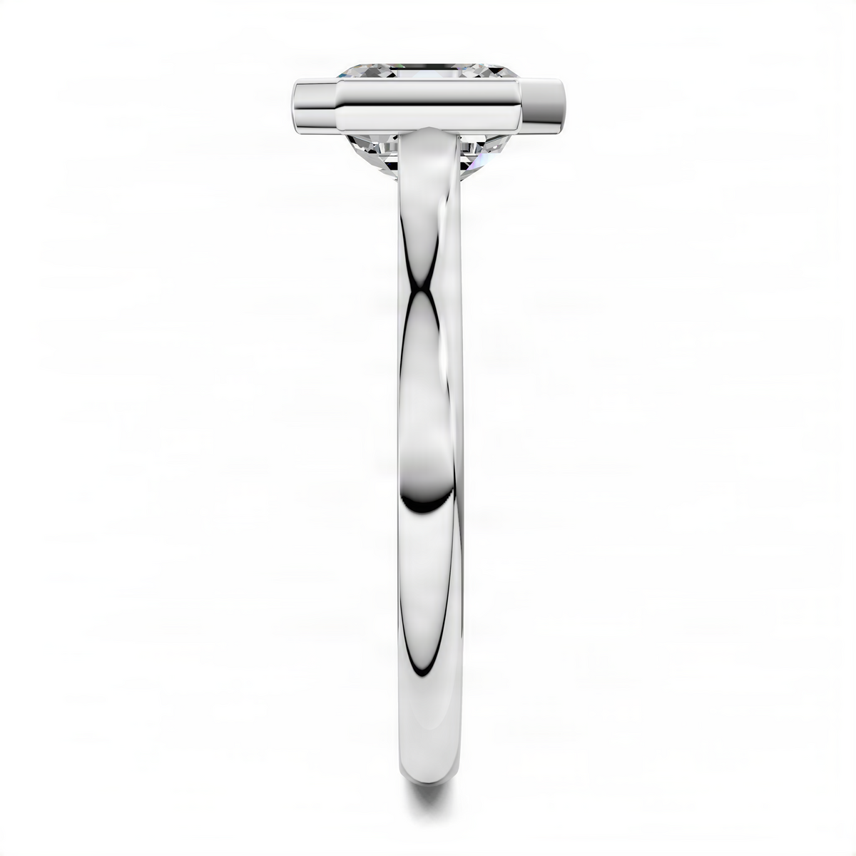 White gold cathedral solitaire ring with asscher-cut bezel-set center stone