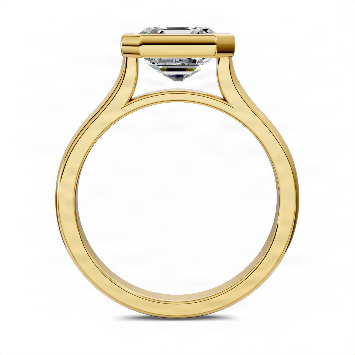 Yellow gold cathedral solitaire ring with asscher-cut bezel center stone, top view