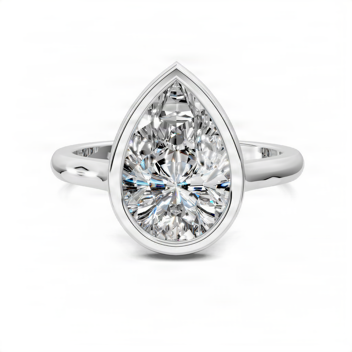 White gold pear bezel solitaire ring with bezel-set pear-cut diamond, front angle