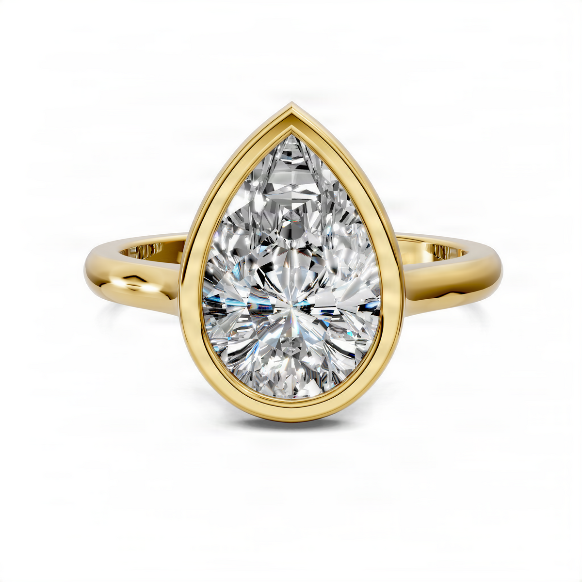 Yellow gold pear bezel solitaire ring with bezel-set pear-cut diamond, front view