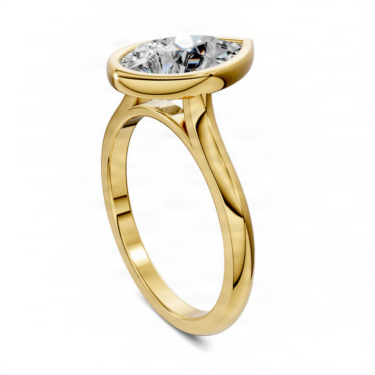 Yellow gold pear bezel solitaire ring with cathedral setting and bezel-set pear diamond