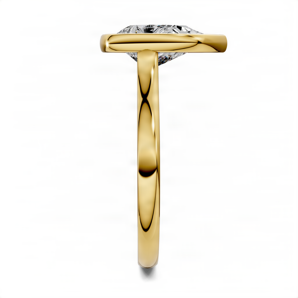 Yellow gold cathedral solitaire ring with bezel-set pear-cut diamond, side view