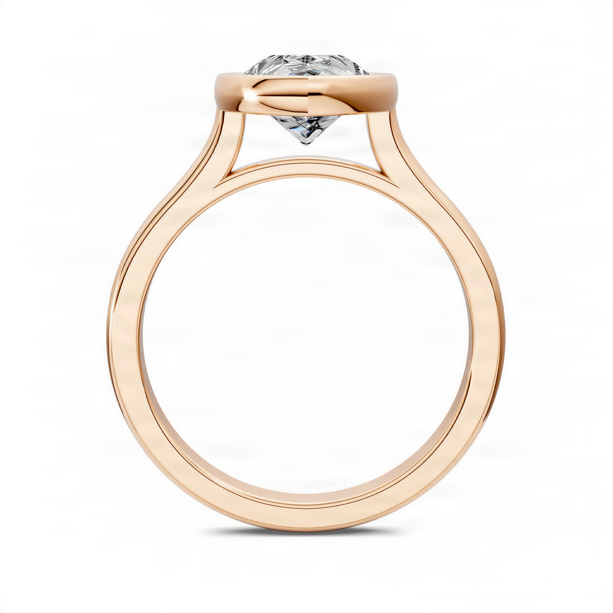 Rose gold pear bezel solitaire ring with open band and bezel-set pear-cut diamond