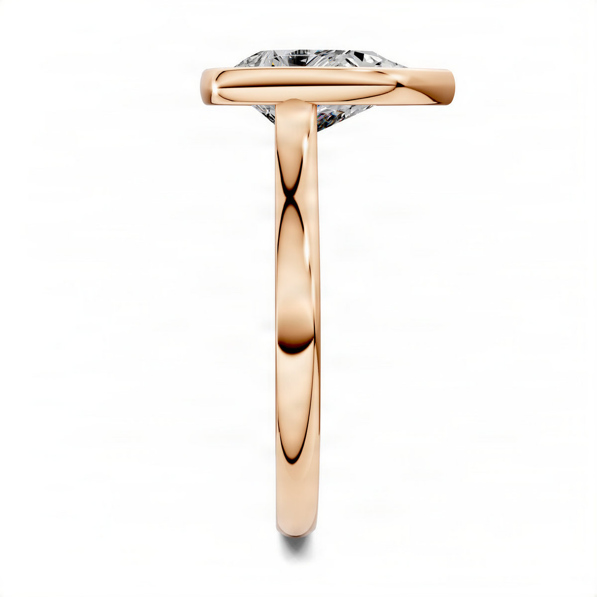Rose gold cathedral solitaire ring with bezel-set pear-cut diamond, side view