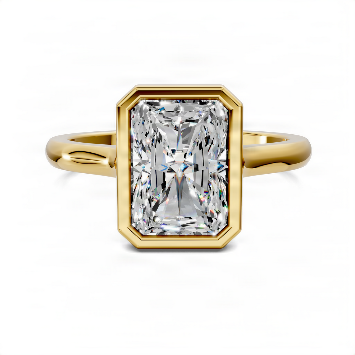 Yellow gold solitaire ring with radiant-cut bezel-set center stone