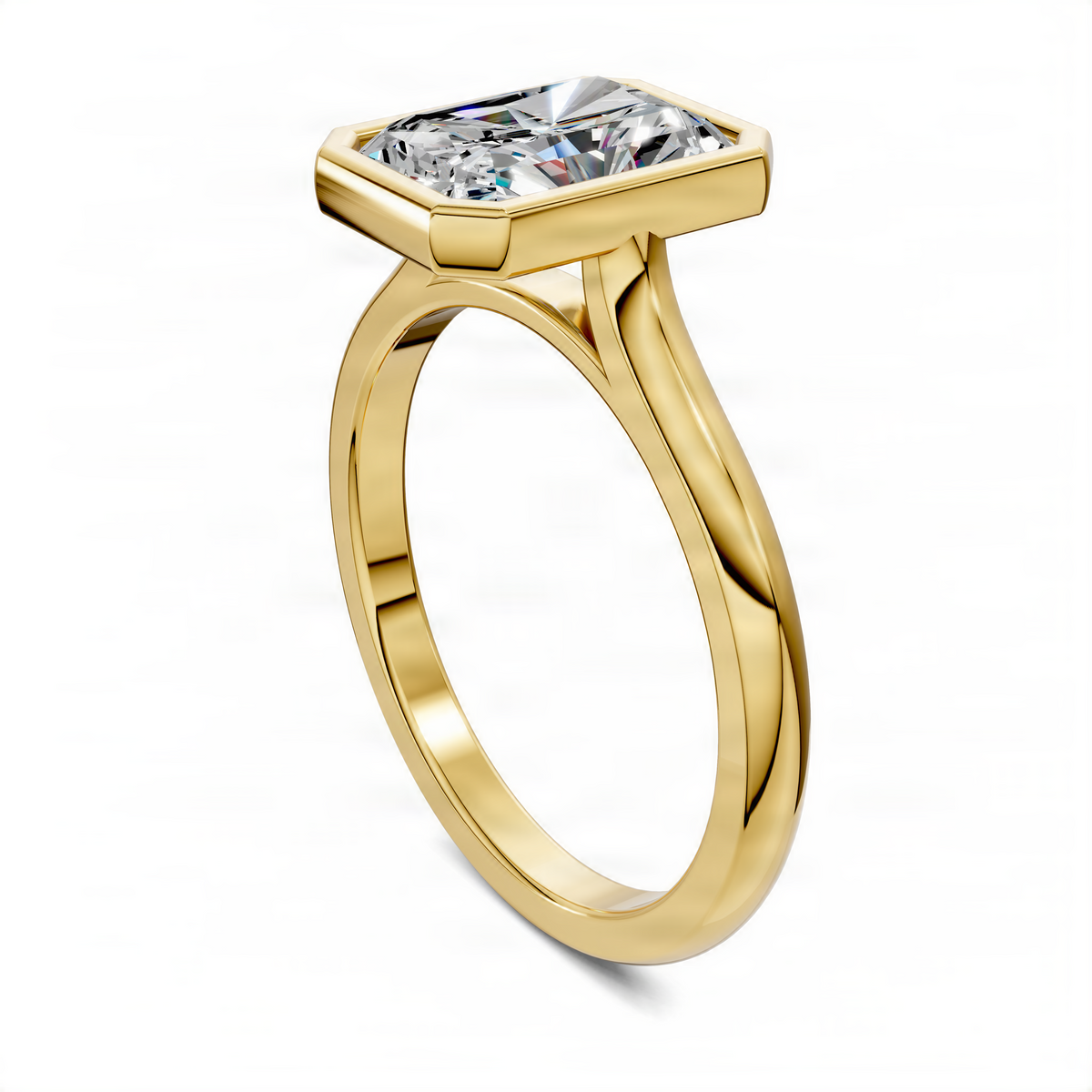 Yellow gold solitaire ring, side view of bezel-set radiant center stone