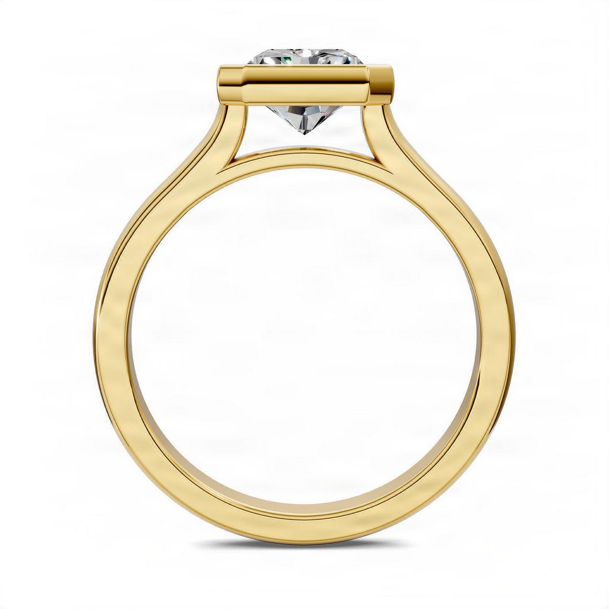 Rose gold solitaire ring with radiant-cut bezel-set center stone and curved band