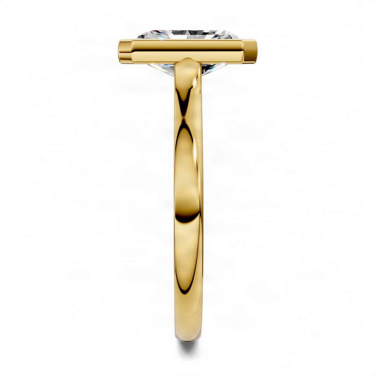 Yellow gold solitaire ring top view, radiant center stone in bezel setting