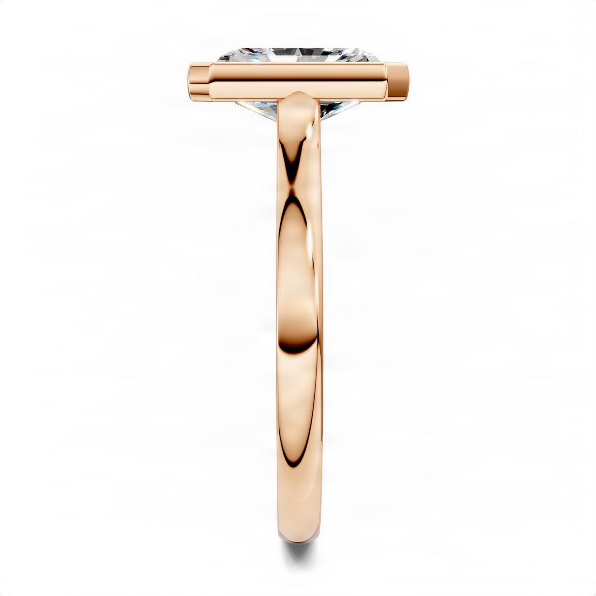 Rose gold radiant-cut solitaire ring with cathedral bezel set center stone