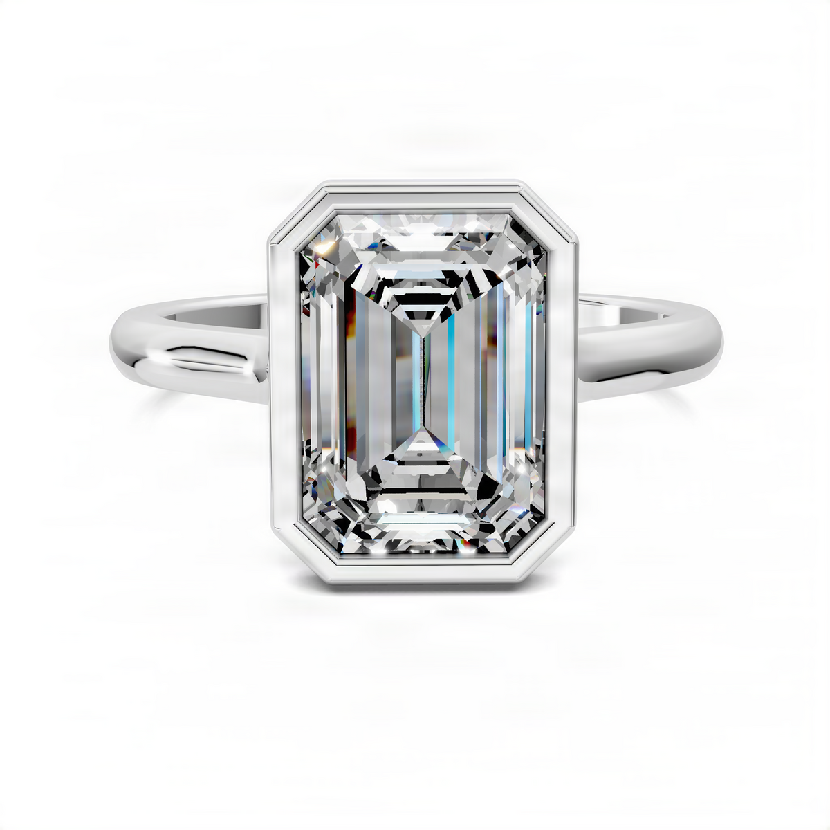 Emerald-cut solitaire ring with cathedral bezel, white metal band