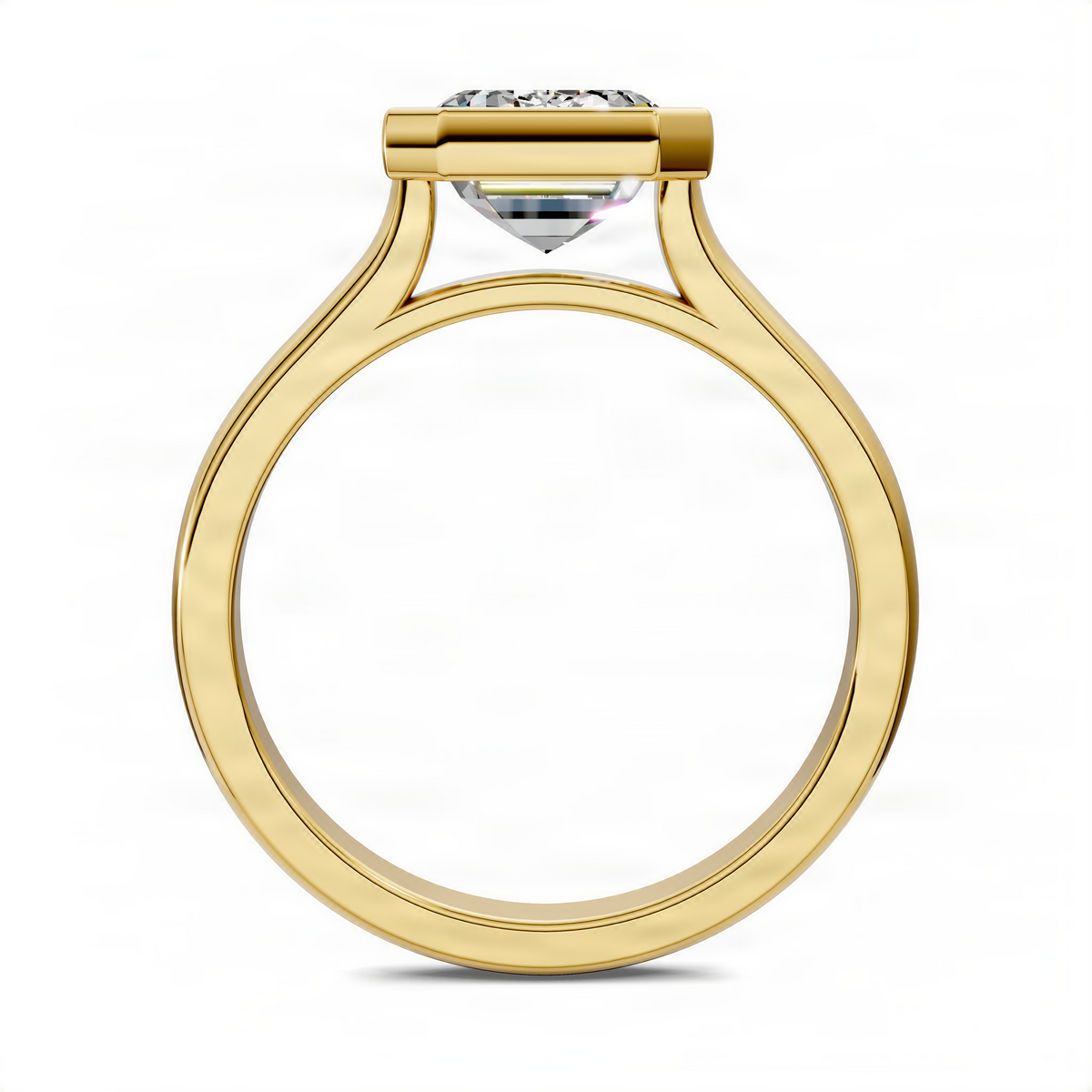 Yellow gold emerald-cut solitaire ring with bezel and cathedral setting