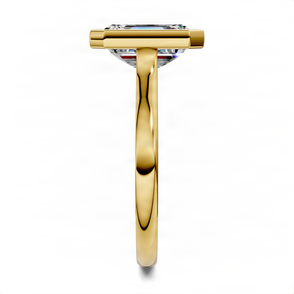 Yellow gold emerald-cut solitaire ring with bezel top and cathedral setting