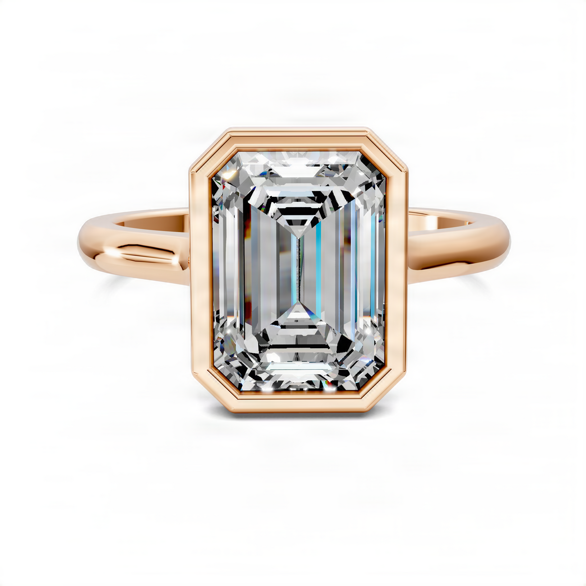 Rose gold emerald-cut solitaire ring with octagon bezel and smooth band