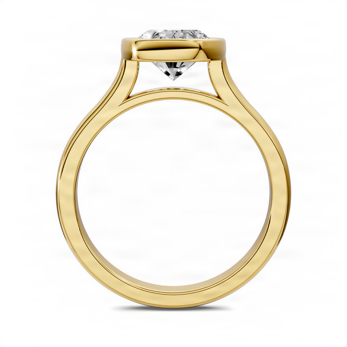 Yellow gold oval solitaire ring, open cathedral-style gallery under bezel-set center stone