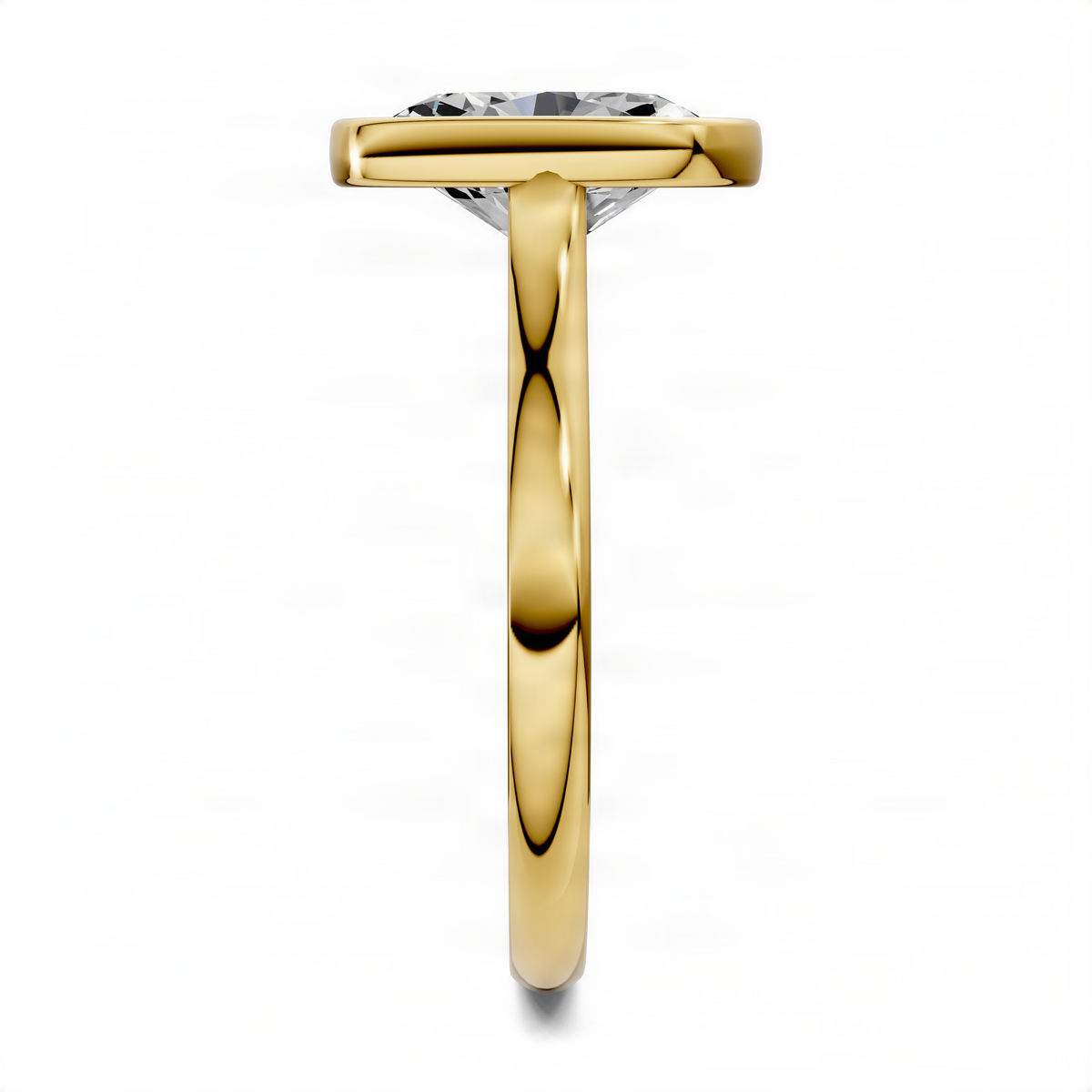 Yellow gold oval solitaire ring with cathedral bezel and prong-set center stone