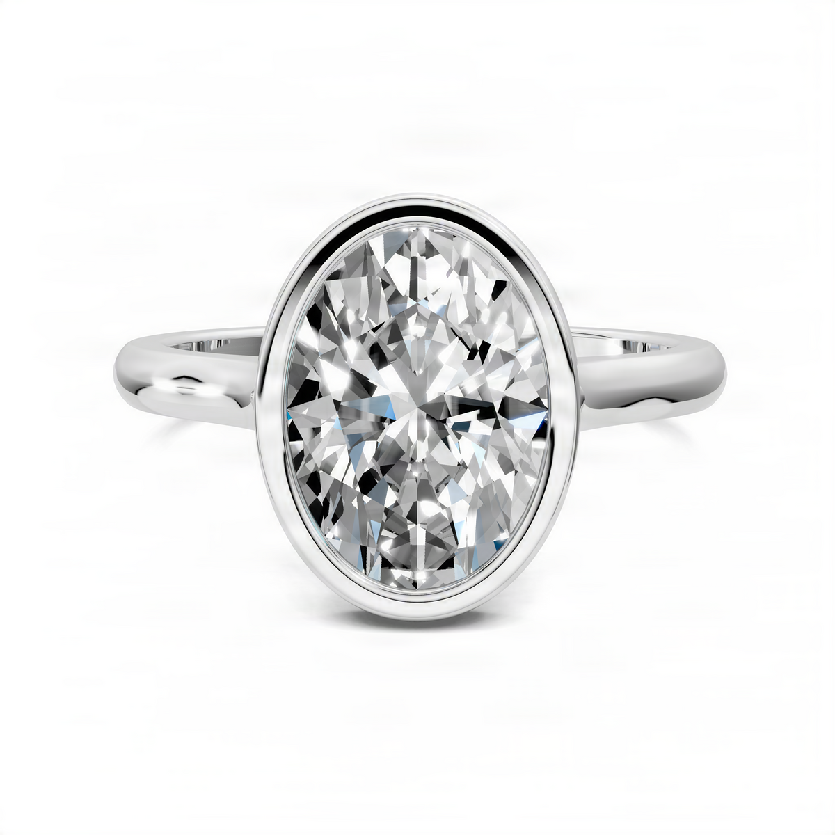 White gold oval solitaire ring with cathedral bezel and large round-cut center stone