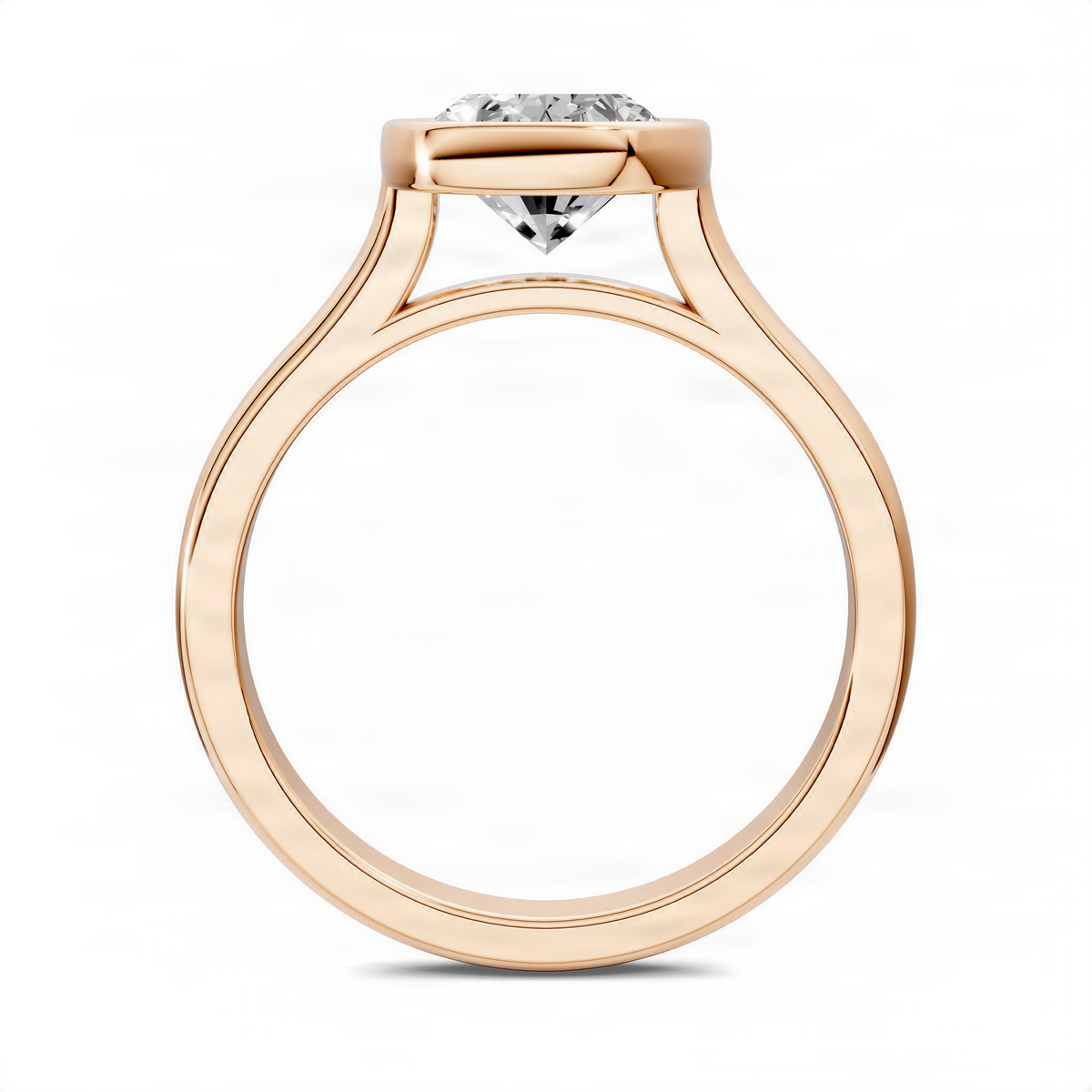 Rose gold oval solitaire ring, open cathedral-style gallery under bezel-set center stone