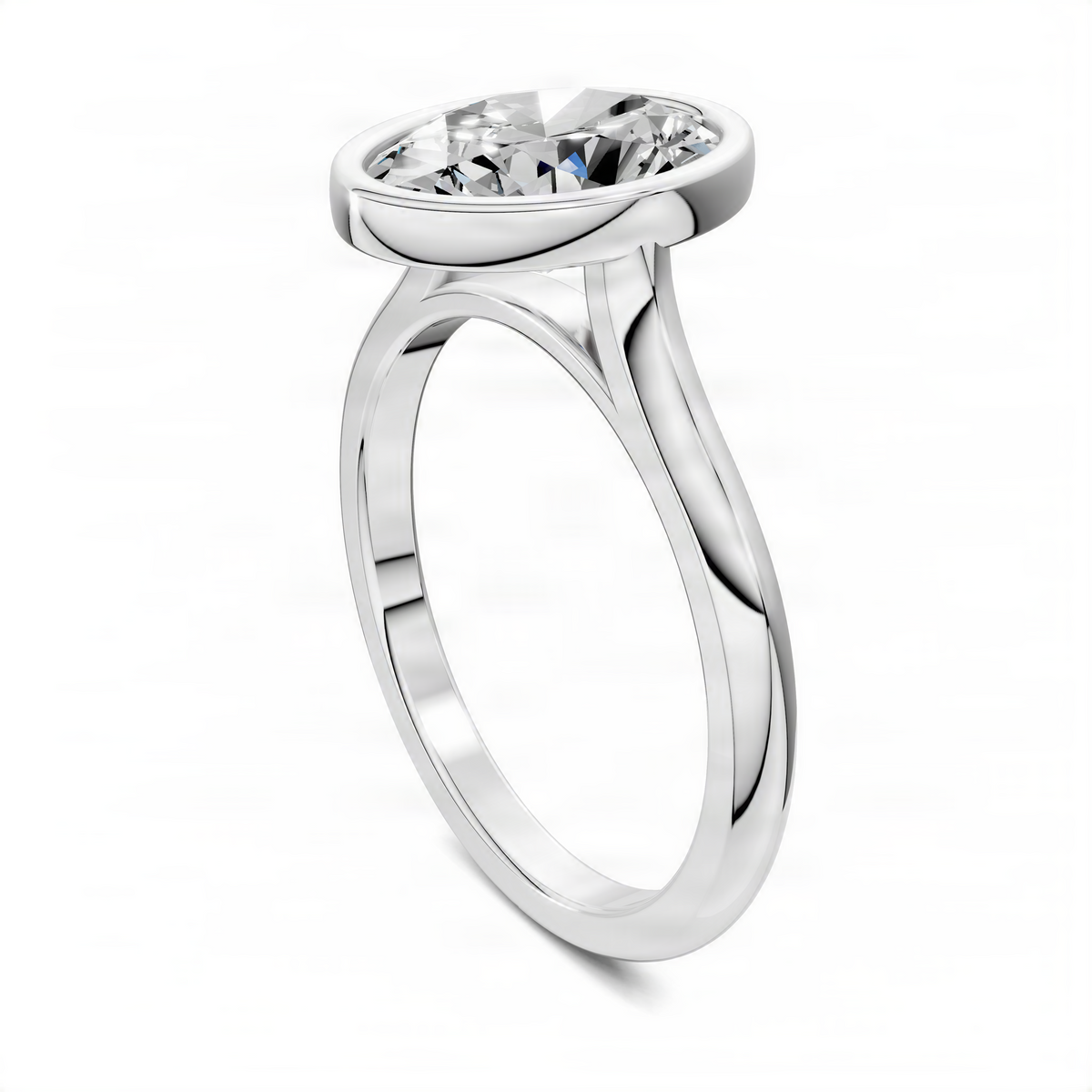 Oval bezel solitaire ring, side view with cathedral scrollwork and polished shank