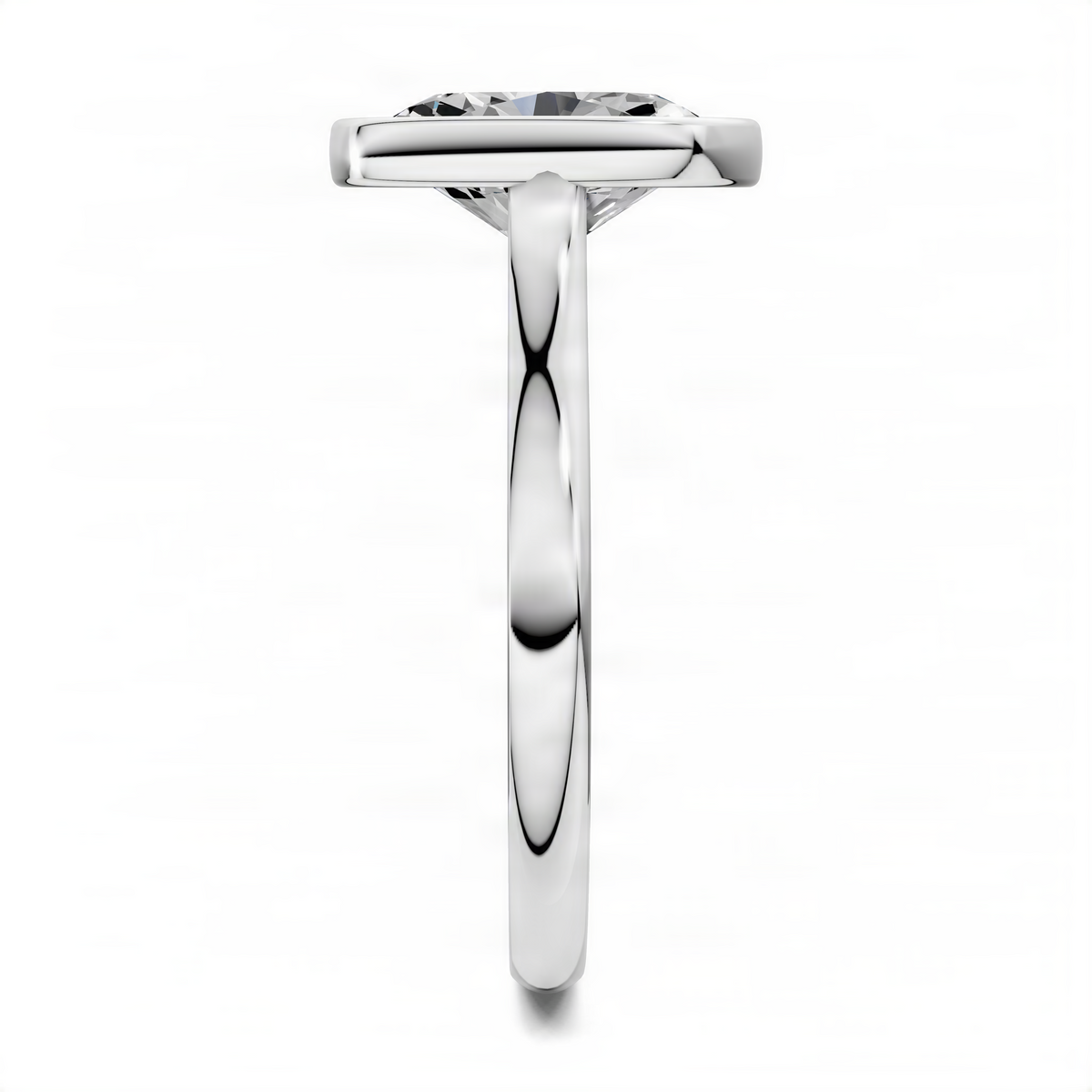 White gold oval solitaire ring with cathedral bezel and bezel-set center stone