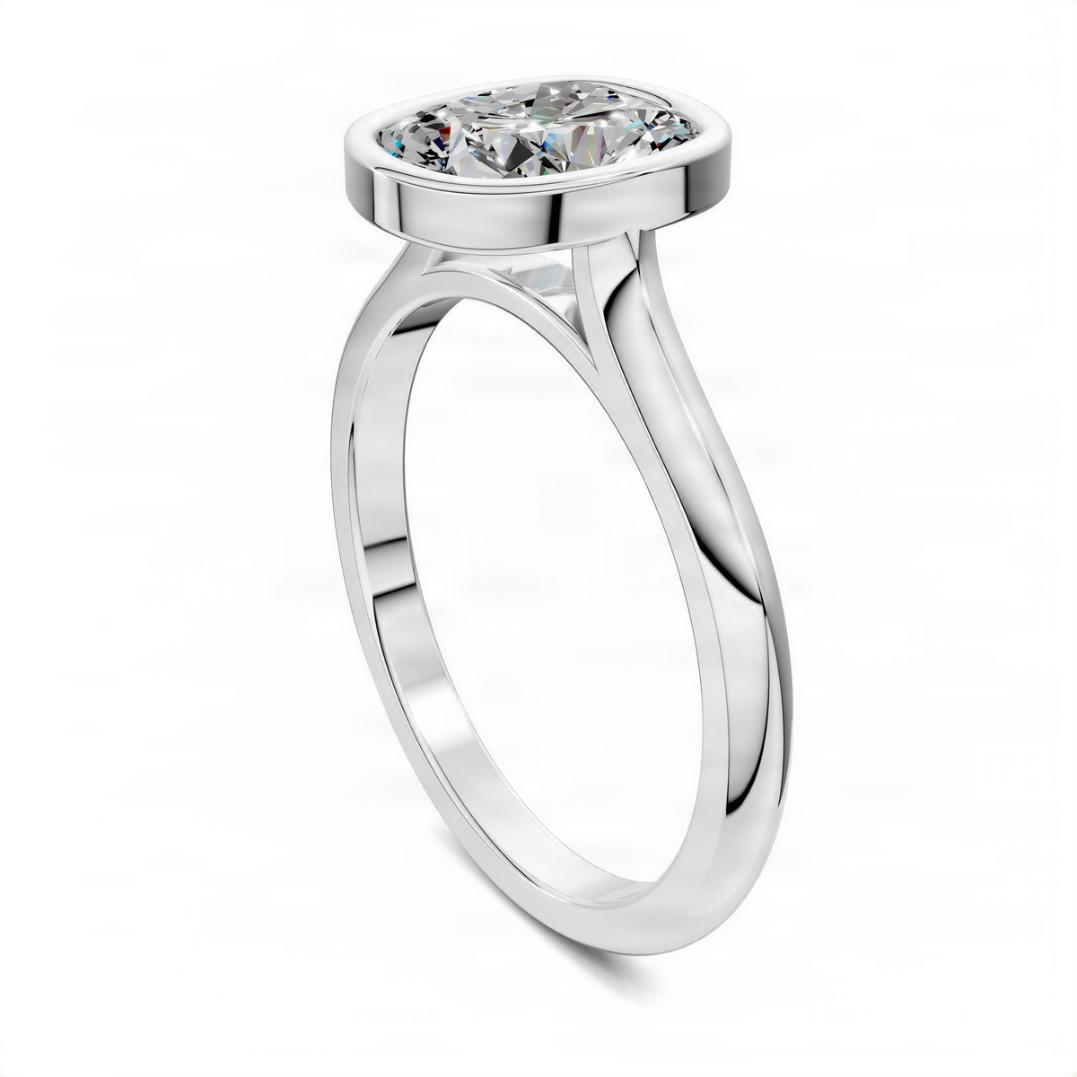Platinum cathedral solitaire ring with bezel-set cushion-cut diamond, angled side view