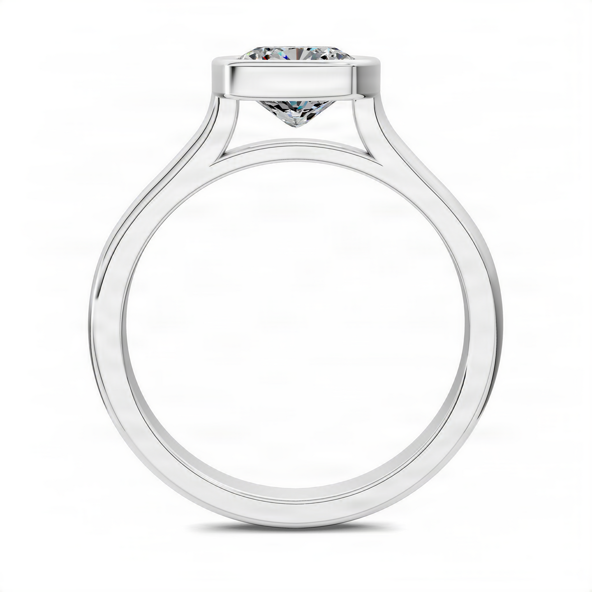 Platinum cathedral gallery solitaire ring with bezel-set cushion-cut diamond, side profile