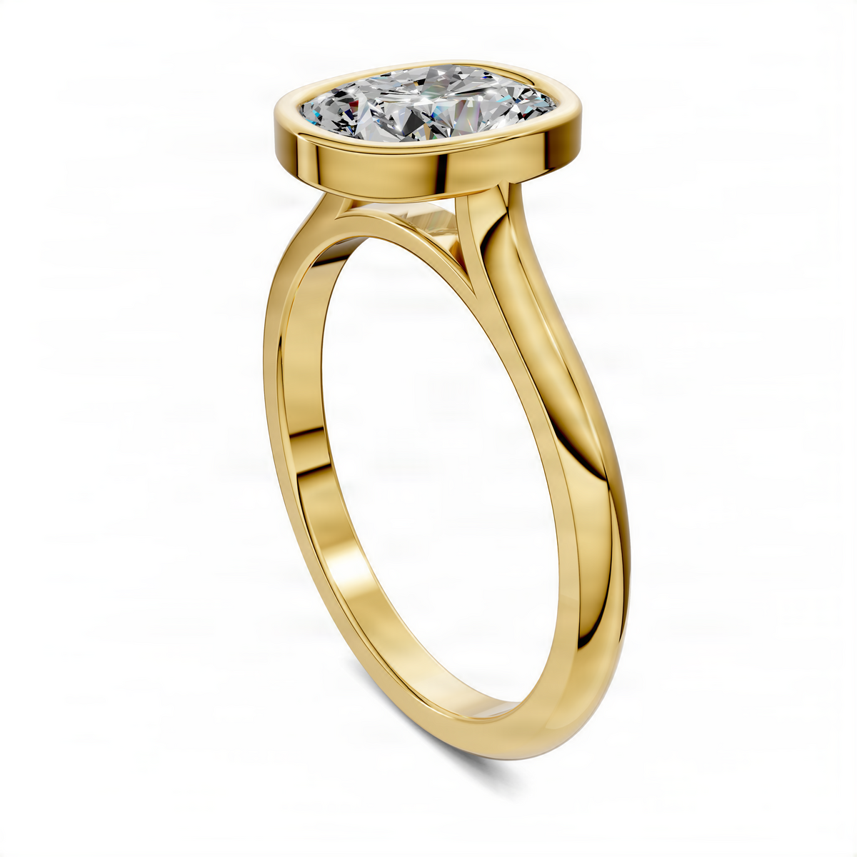 Yellow gold cushion bezel solitaire ring with cathedral setting