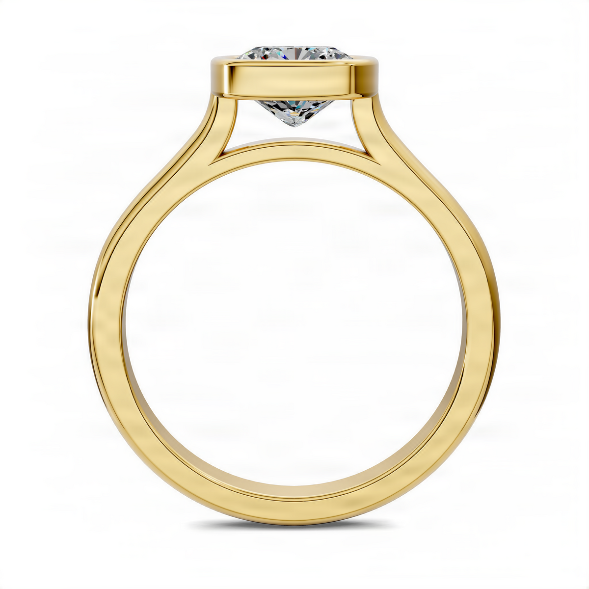 Yellow gold cathedral solitaire ring with bezel-set cushion-cut diamond, arched side view