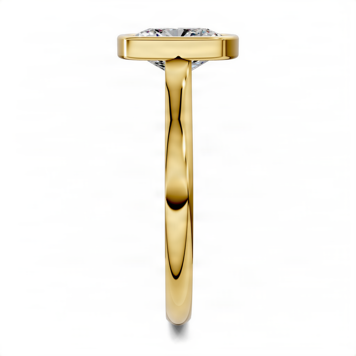 Yellow gold solitaire ring with bezel-set cushion-cut diamond and cathedral gallery, side